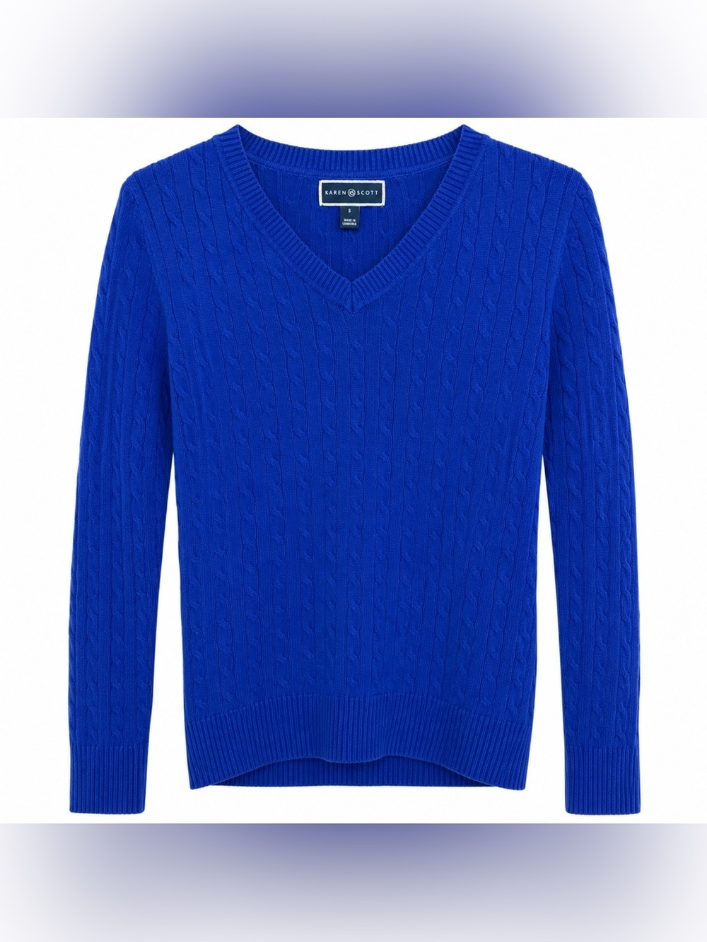 Karen‎ Scott Cable Knit V-Neck Sweater Women's Small Blue Cotton Soft Knit
